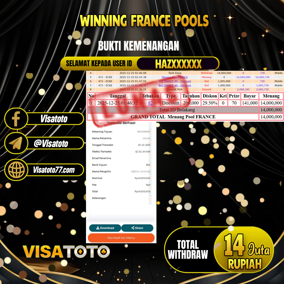 VISATOTO JACKPOT TOGEL FRANCE RP.14.000.000,- LUNAS USER ID HAZ***