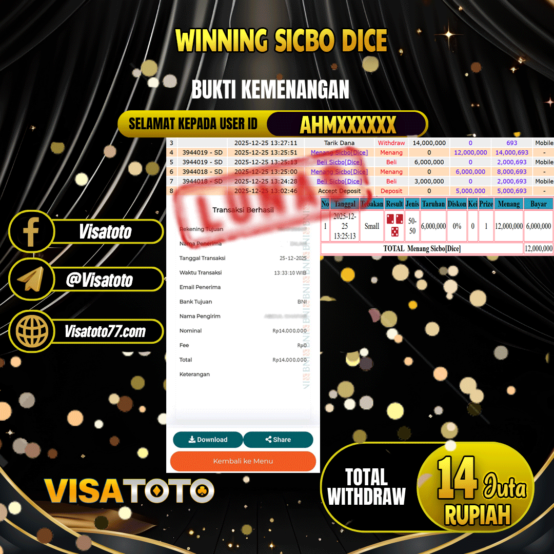 VISATOTO JACKPOT LIVE SICBO DICE  RP.14.000.000,- LUNAS USER ID  AHM***