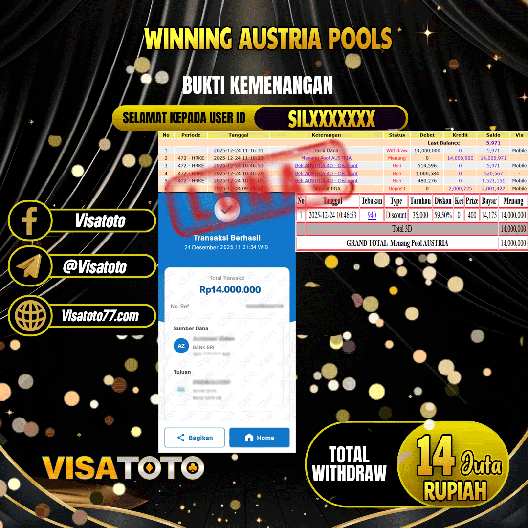 VISATOTO JACKPOT TOGEL AUSTRIA RP.14.000.000,- LUNAS USER ID SIL***