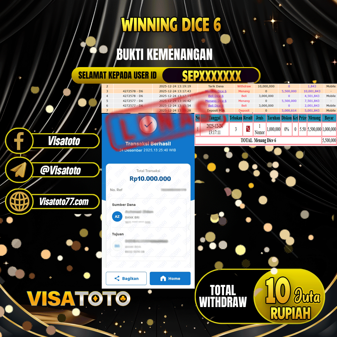 VISATOTO JACKPOT LIVE GAMES DICE 6 RP.10.000.000,- LUNAS USER ID SEP***