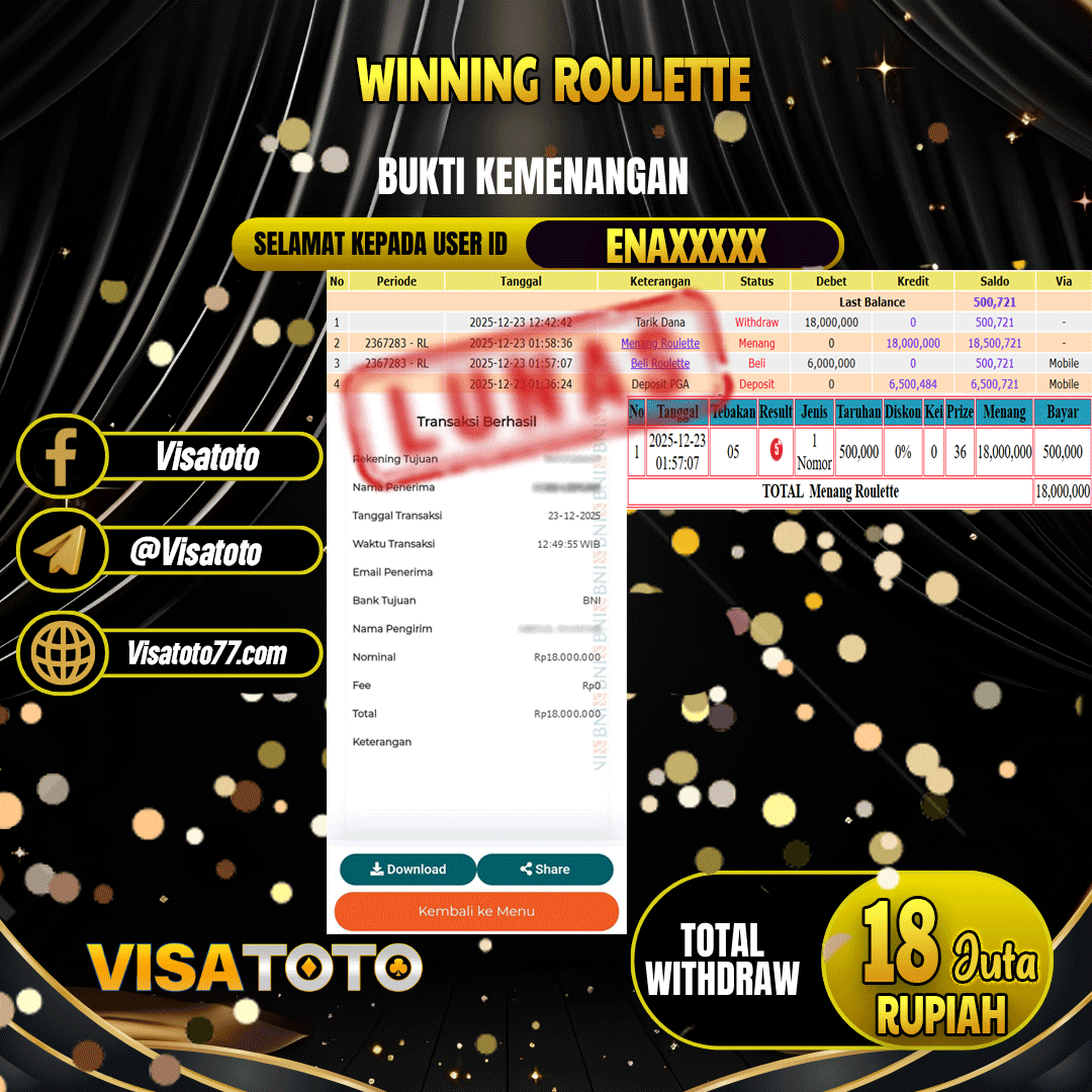 VISATOTO JACKPOT LIVE GAMES ROULETTE  RP.18.000.000,- LUNAS USER ID ENA***